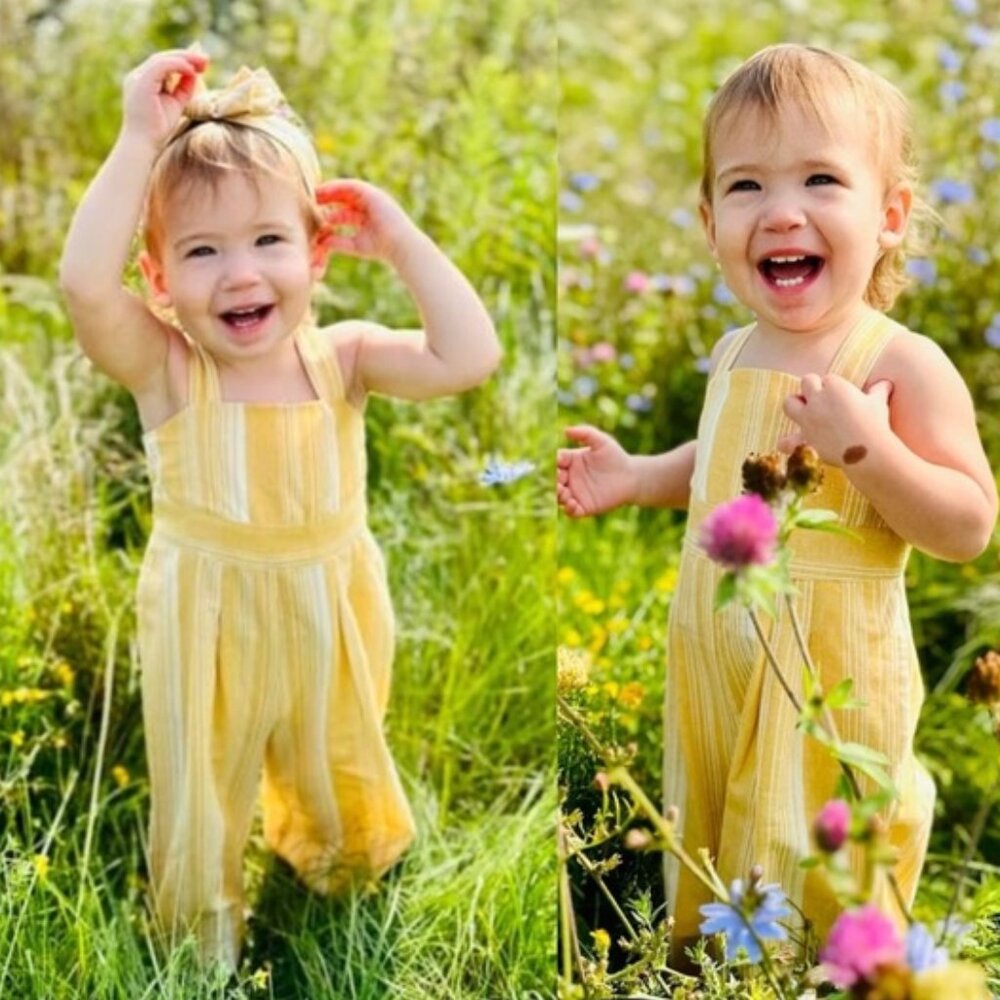 Tommy Bahama | Mustard Stripe Linen Romper Overalls Set & Headband | Size 12M